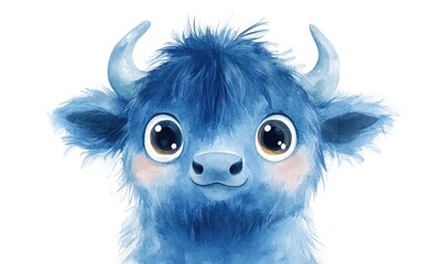 Fototapeta premium Fluffy blue buffalo with big eyes in watercolor style, isolated on white background. AI generated illustration.