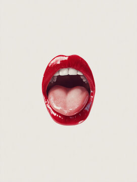 A hyper-realistic photo of wide mounth red lips with the tongue showing to the left, on a white background