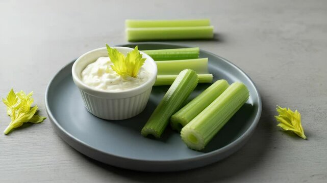 Fresh celery sticks with creamy dip on plate, healthy snack