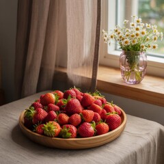 A wooden bowl filled with fresh, ripe strawberries sits on a table near a window. A vase of daisies is placed beside the bowl, adding a touch of nature to the scene.