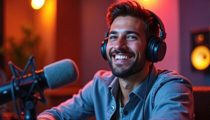Happy male podcast host smiles in recording studio. Man wears headphones, speaks into microphone. Pro digital audio, broadcasting, podcasting. Content creator, audio production.