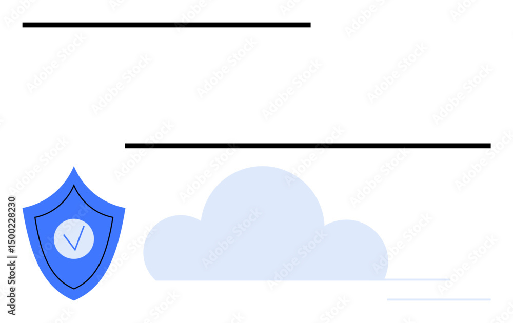Poster blue shield with checkmark next to cloud graphic implies secure cloud computing. ideal for cybersecu