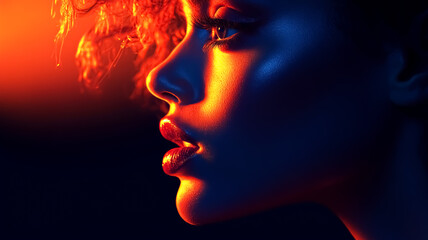 Fototapeta premium Profile of a woman against a warm-colored illuminated background
