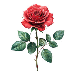 Beautiful red rose flower blossom bloom petals stem leaves isolated art on transparent background