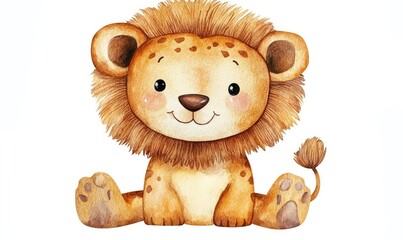 Fototapeta premium Friendly kid lion doll watercolor. AI generated illustration.