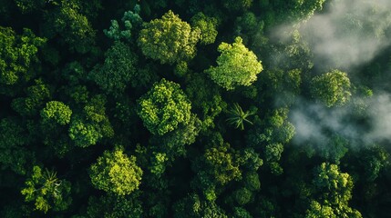 Aerial View Lush Green Tropical Rainforest Canopy Dense Foliage Nature Eco top sky trees plant woods drone image birds leaves     