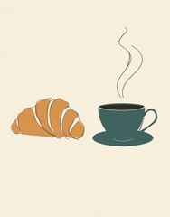 bakery cafe logo featuring coffee cup, black tea, and French croissant in elegant line art