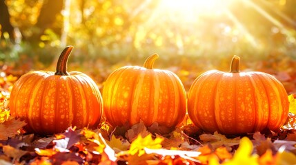 Naklejka premium Autumn Harvest: Three Pumpkins on Fall Leaves