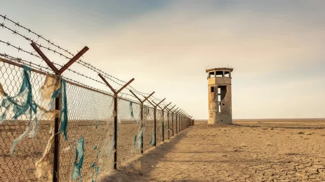 Deserted watchtower stands in barren, dry landscape, with tattered fence