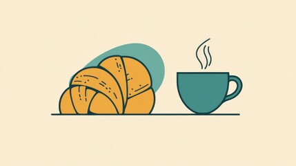 bakery cafe logo featuring coffee cup, black tea, and French croissant in elegant line art