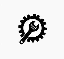 Minimal black and white gear logo with wrench symbol