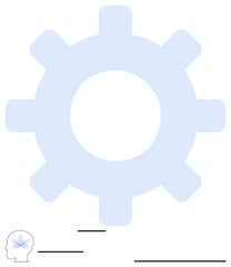 Large gear shape with a small human profile, symbolizing the fusion of machine and mind. Ideal for teamwork, technology, innovation, process, problem-solving, collaboration synergy. Flat simple