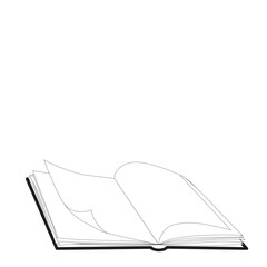 Open book with blank pages on white background. Black and white. Vector illustration for education, publishing, bookstore. Copy space.