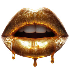 Golden lips dripping gold paint makeup beauty fashion luxury glamour style on transparent background