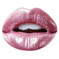 Pink glitter lips makeup beauty cosmetic lipstick glamour shiny teeth on transparent background