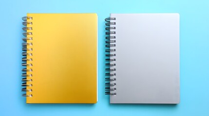Gold and Silver Spiral Notebooks Mockup on Blue Background