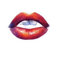 Red lips with glossy lipstick beauty makeup close up perfect pout style on transparent background