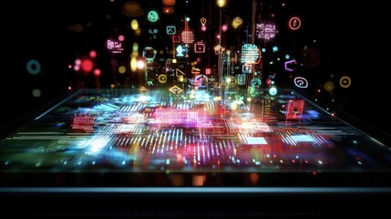 Colorful digital circuit board with glowing icons.
