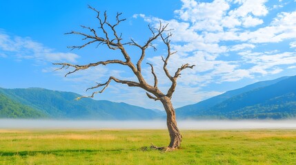 Lonely Dead Tree in Misty Mountain Meadow Sunrise