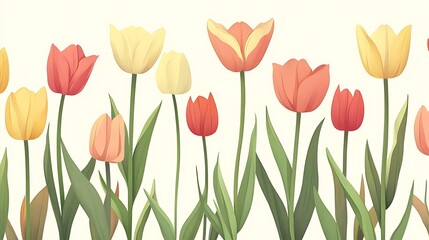 Digital illustration of tulips in shades of red and yellow against a muted green background.