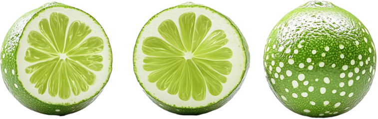 Three limes displayed with two cut in half showing the inside and one whole lime with white spots