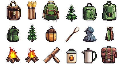 Pixel art style camping and hiking gear including backpacks trees and cooking equipment on white background