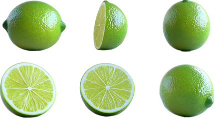 A collection of fresh green limes displayed on a black background in various shapes and orientations