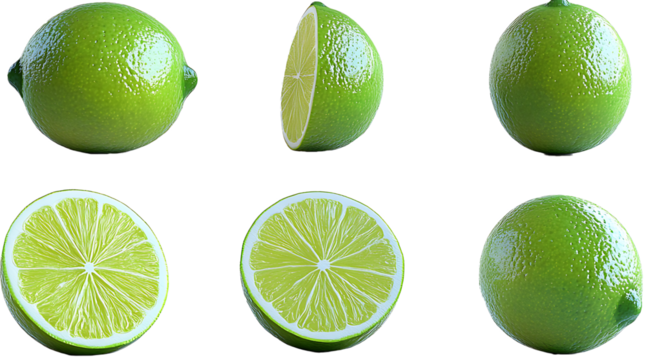 A collection of fresh green limes displayed on a black background in various shapes and orientations
