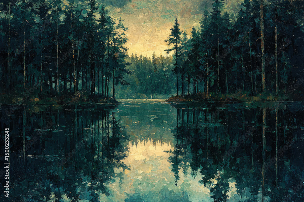 Poster serene forest lake reflecting tranquil trees under a soft sky.