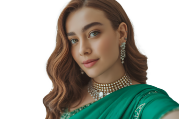 Portrait of a smiling young Indian woman wearing a saree on a white transparent  background PNG