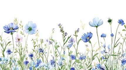 Watercolor illustration depicts a delicate floral arrangement featuring blue and white wildflowers against a light...