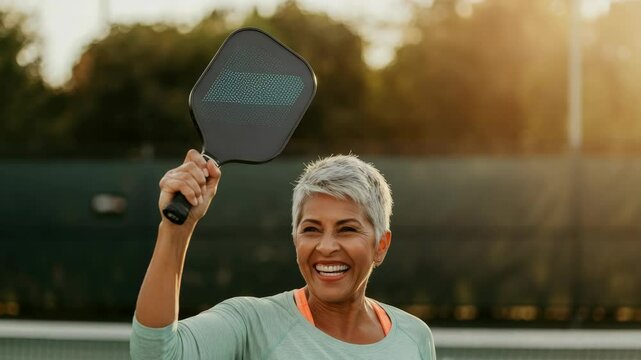 Elderly woman playing pickleball outdoors, holding paddle, smiling