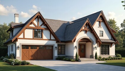 Fototapeta premium Tudor style family house exterior with timber framing and gable roof. Wooden garage doors. Residential home cottage, blue sky background. Luxury real estate. New construction. Modern design.