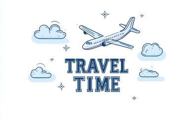 travel logo design with text TRAVEL TIME and airplane flying in the sky