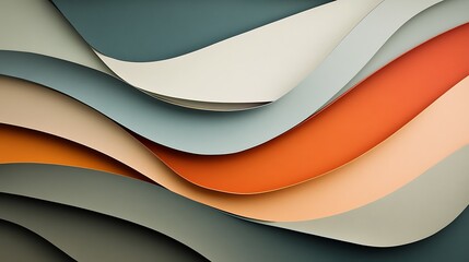Digital illustration of layered, overlapping paper-like shapes in muted teal, beige, and terracotta tones.