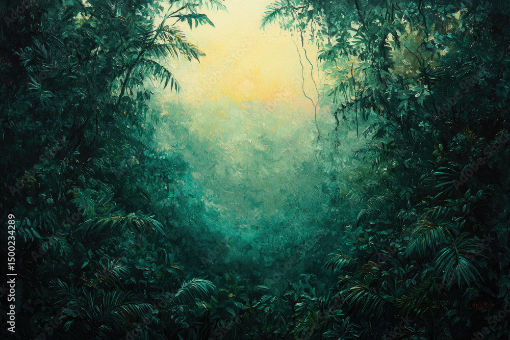 Poster Lush green jungle, sunlight filtering through dense canopy, creating a mystical, serene atmosphere.
