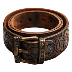Buy handcrafted brown leather belt with antique brass buckle for men women on transparent background