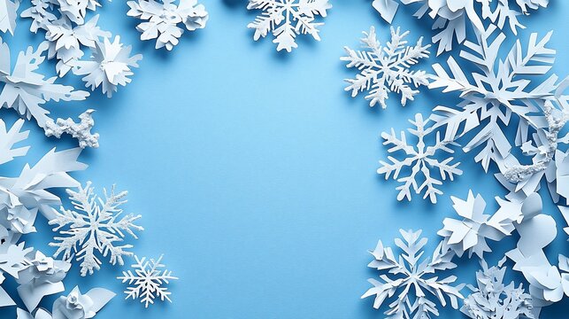 Paper snowflakes arranged on a light blue background, forming a border around a central empty space.  Perfect for winter themes
