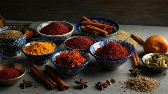 Assorted spices in bowls on rustic surface