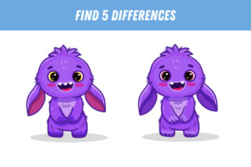 Find 5 differences between two pictures of funny purple monster. Cute alien. Vector illustration