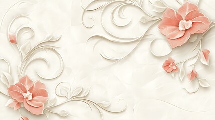 3D render of delicate peach blossoms framed by swirling, stylized foliage on a neutral background.