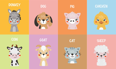 Fototapeta premium Farm animals set isolated, cute animals, kids posters, cartoon, cards for kids