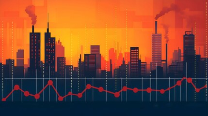 A line graph gradually trending downward, with soft illustrations of factories and offices fading into the background
