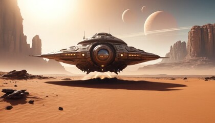 Obraz premium Futuristic fantasy image of a flying ship, red planet Mars background.