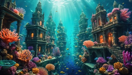 Fototapeta premium Coral reefs and fish in the sea, an underwater city.