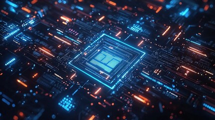 Obraz premium Detailed circuit board with glowing lines and a central processor.