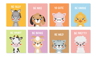 Farm animals isolated, cute animals, kids posters, cartoon, cards for kids
