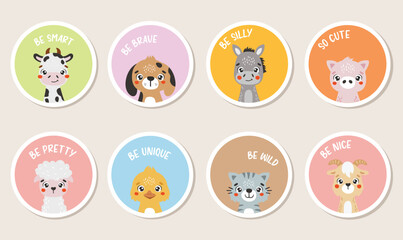 Farm animals set isolated, cute animals, kids stickers, cartoon, for kids