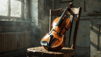 An old violin lies on an empty chair, isolated in a dusty room.