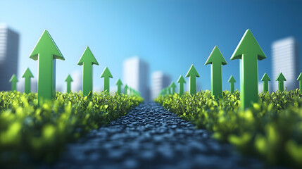 A pathway lined with small green upward arrows, leading to a brighter financial horizon
